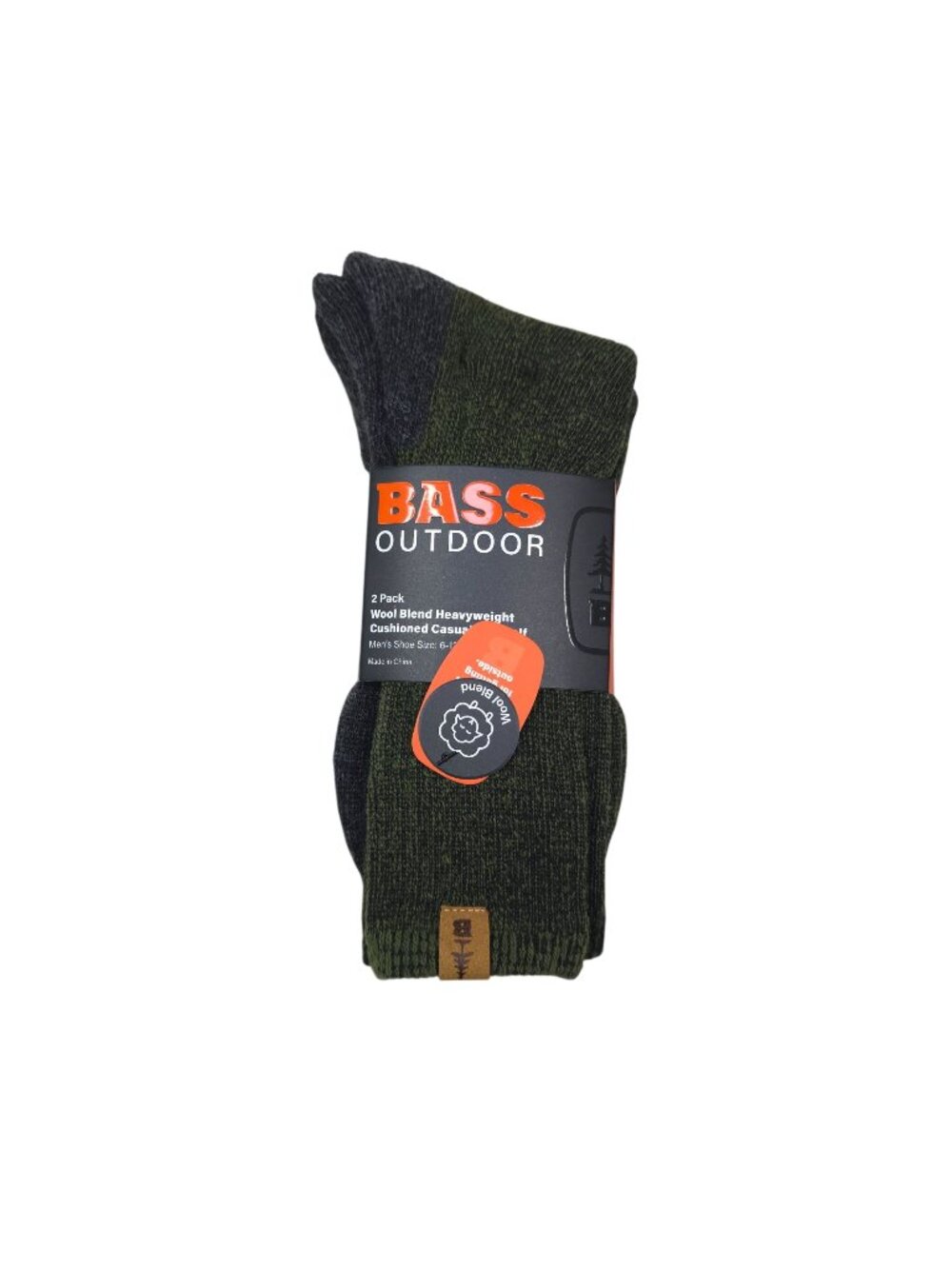 Bass Outdoor Wool Blend Mid-Calf Socks Heavyweight Cushioned Casual 2-Pack Mens